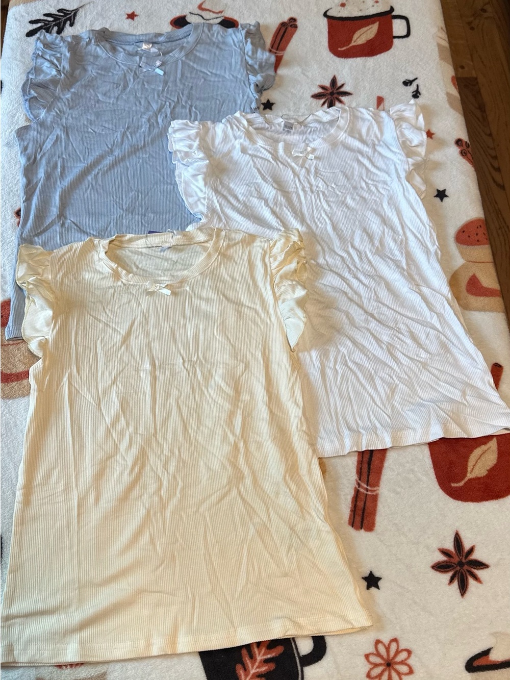 Girls' Short Sleeve Ruffle Tee - Blue, White & Cream